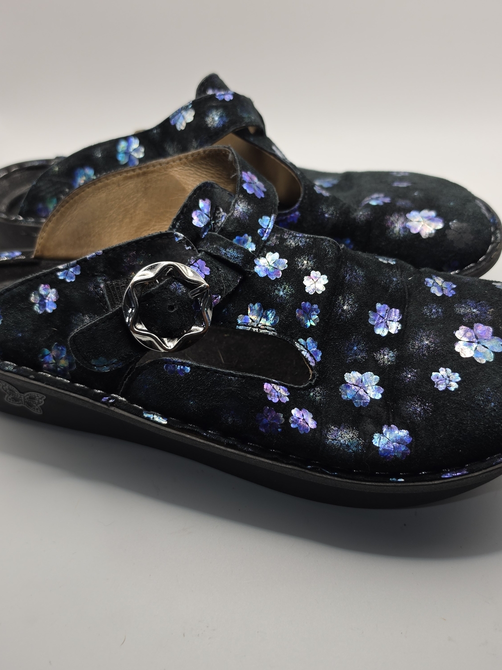 Alegria ALG-555 Clogs Womens 9.5 40 Black Floral Leather Comfort